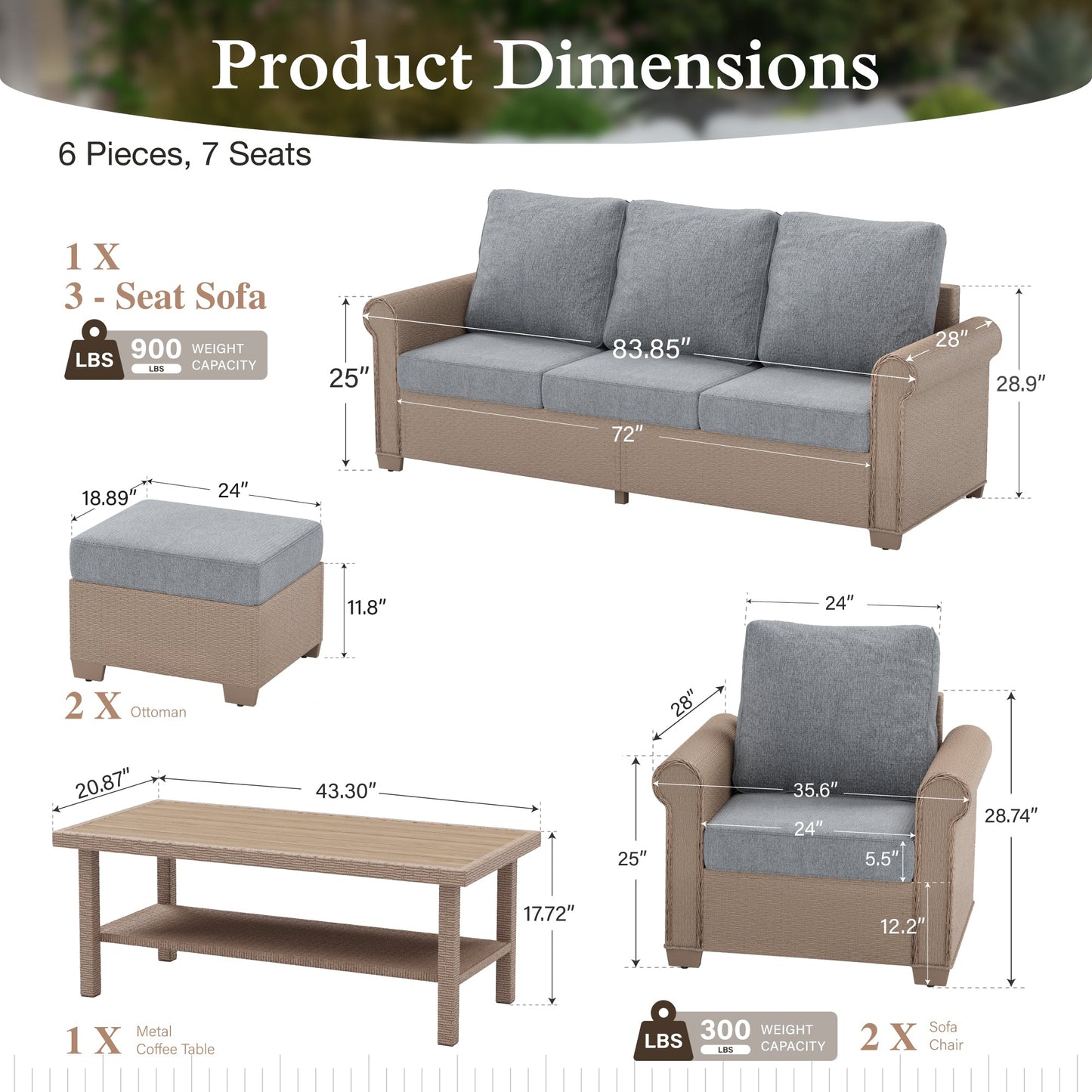 Sophia & William 6 Pieces Wicker Patio Furniture Set 7-Seat Outdoor Cushioned Conversation Set with Coffe Table, Gray