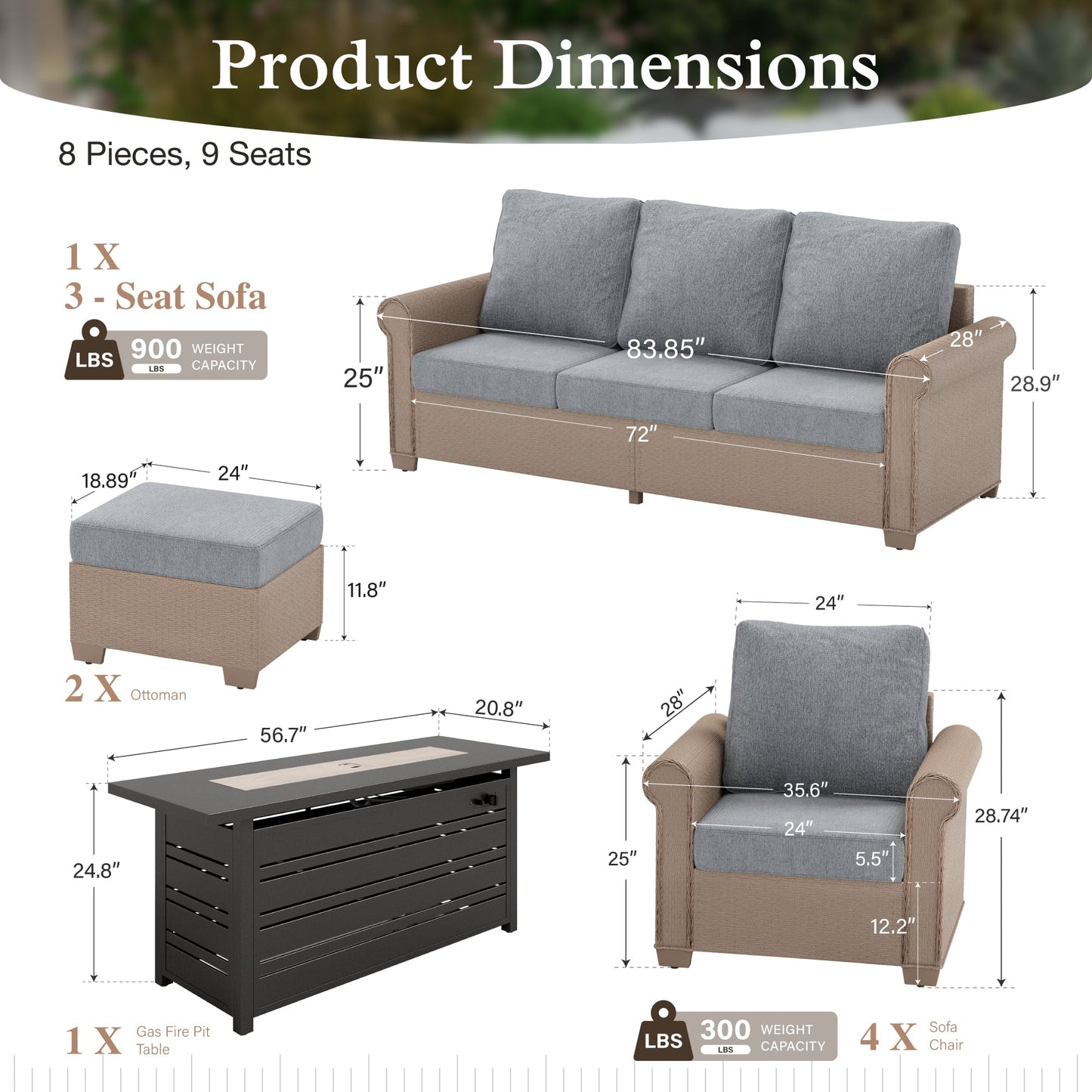 Sophia & William 8 Pieces Wicker Patio Furniture Set 9-Seat Outdoor Cushioned Conversation Set with Fire Pit Table, Gray