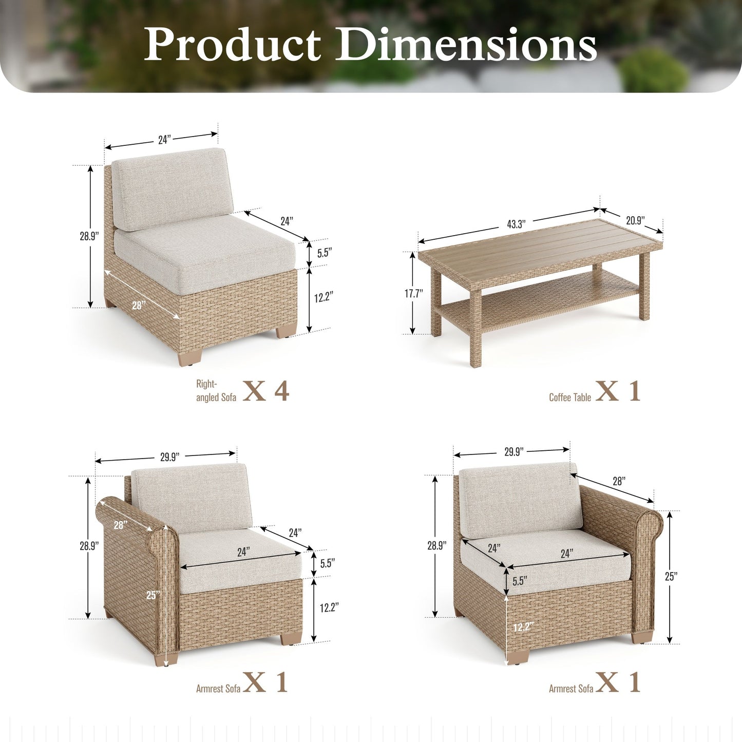 Sophia & William 7 Pieces Wicker Patio Furniture Set 6-Seat Outdoor Conversation Set with Coffee Table, Beige