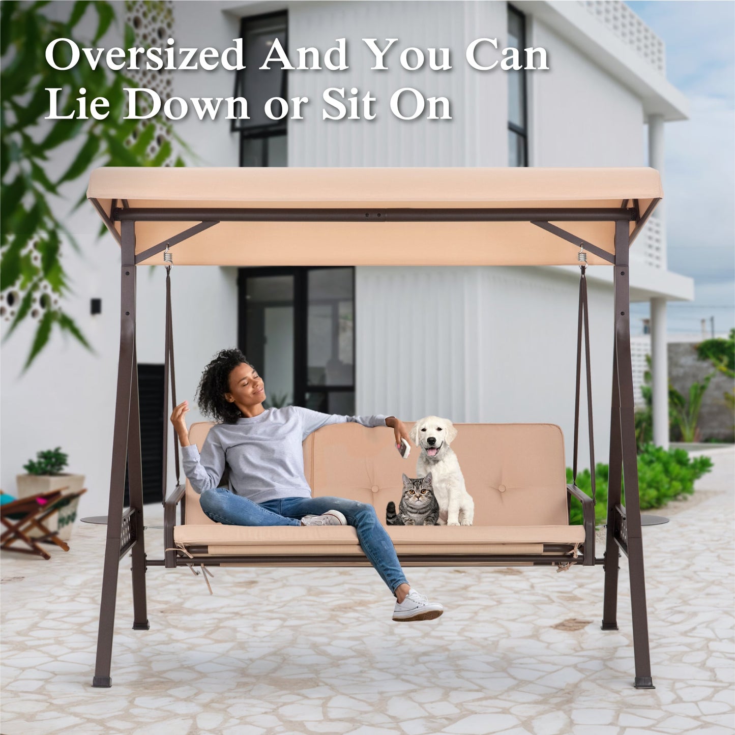 3-Seat Outdoor Converting Canopy Swing Glider Patio Hammock with Side Table - Beige