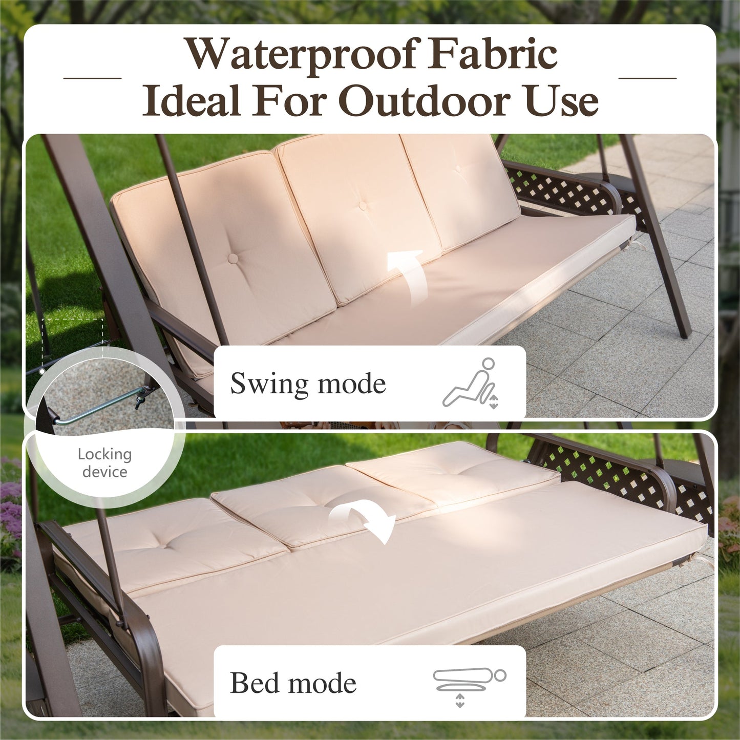 3-Seat Outdoor Converting Canopy Swing Glider Patio Hammock with Side Table - Beige