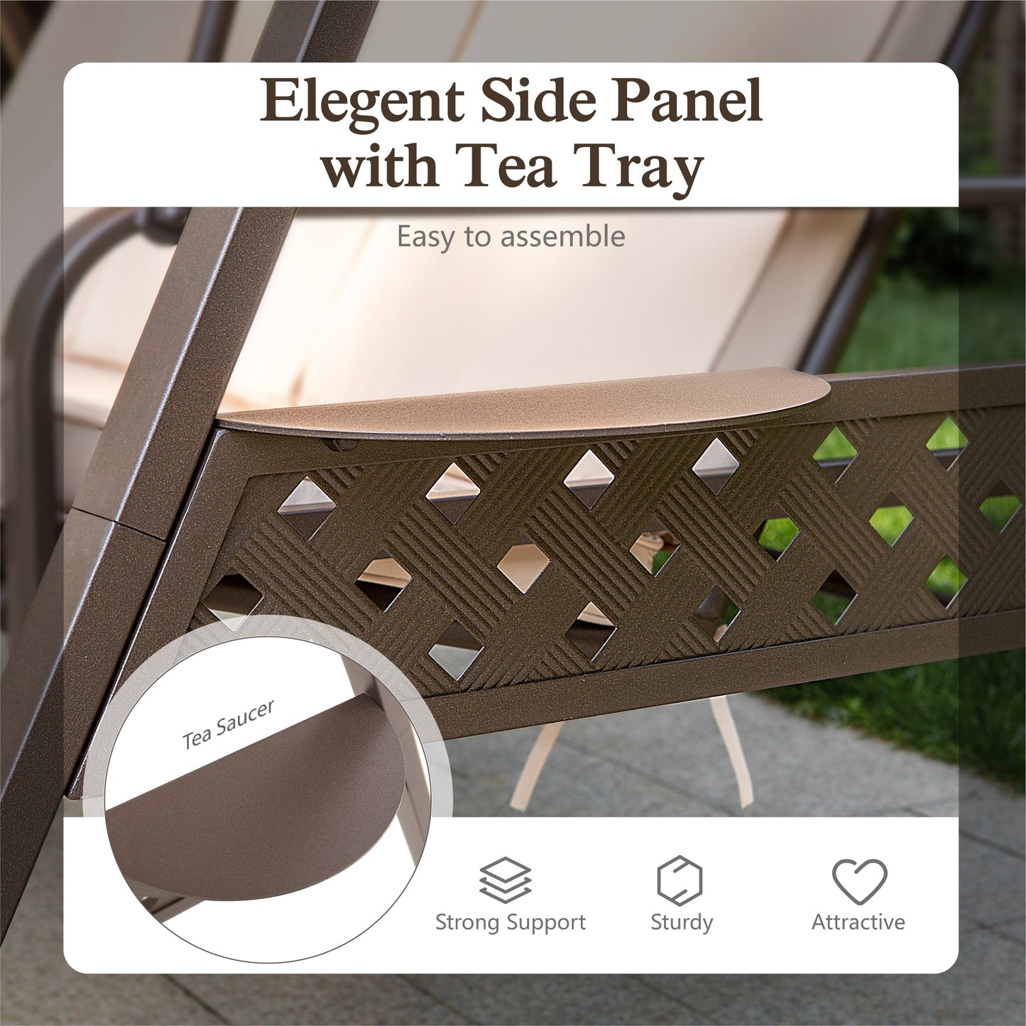 3-Seat Outdoor Converting Canopy Swing Glider Patio Hammock with Side Table - Beige