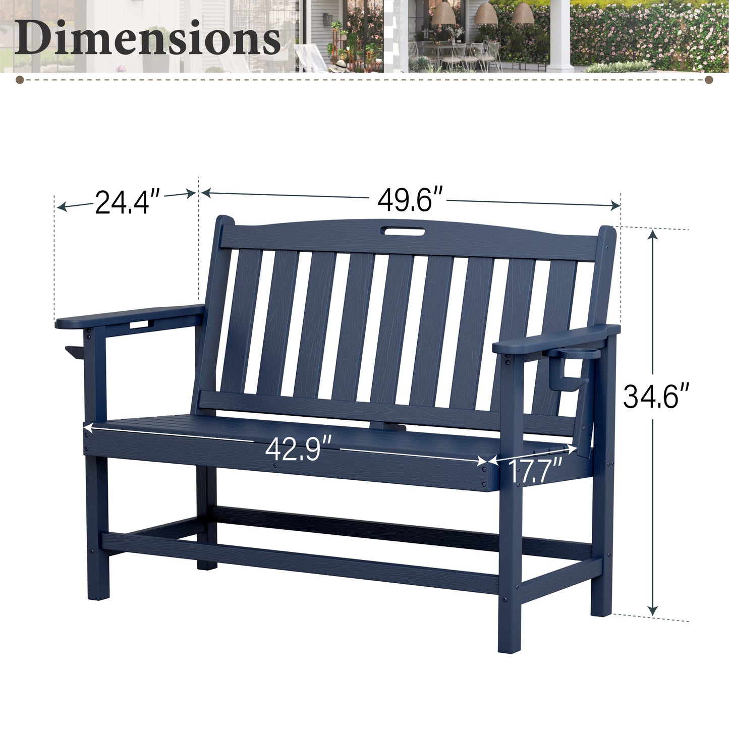 Alpha Joy 50" HDPE Outdoor Patio Garden Bench with Reinforced Structure for Park, Yard and Porch, Navy Blue