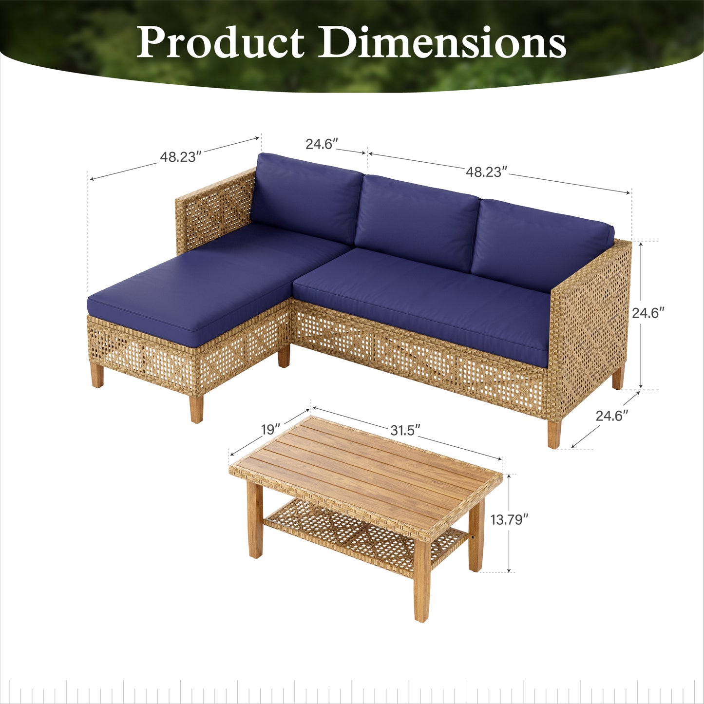 Alpha Joy Wicker Patio Furniture Conversation Set Boho Style Outdoor Sofa with Coffee Table and Navy Blue Cuchions