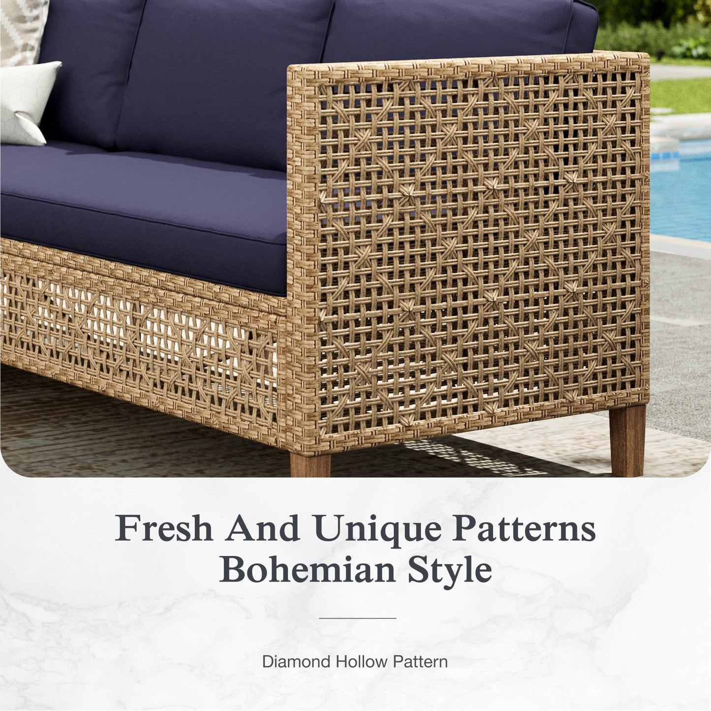 Alpha Joy Wicker Patio Furniture Conversation Set Boho Style Outdoor Sofa with Coffee Table and Navy Blue Cuchions