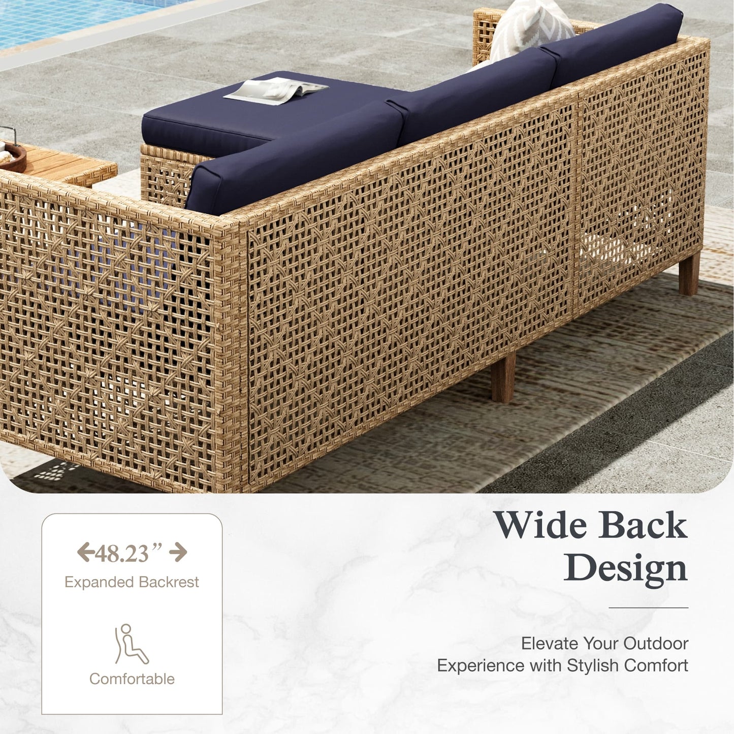 Alpha Joy Wicker Patio Furniture Conversation Set Boho Style Outdoor Sofa with Coffee Table and Navy Blue Cuchions