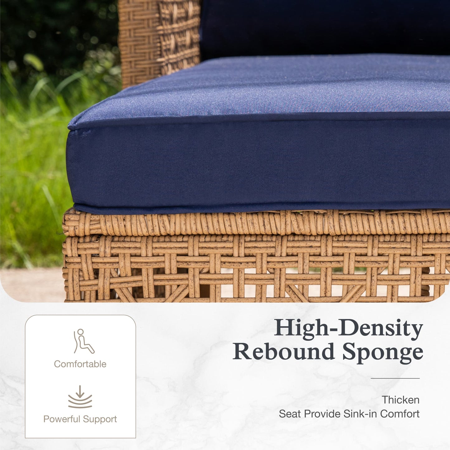Alpha Joy Wicker Patio Furniture Conversation Set Boho Style Outdoor Sofa with Coffee Table and Navy Blue Cuchions