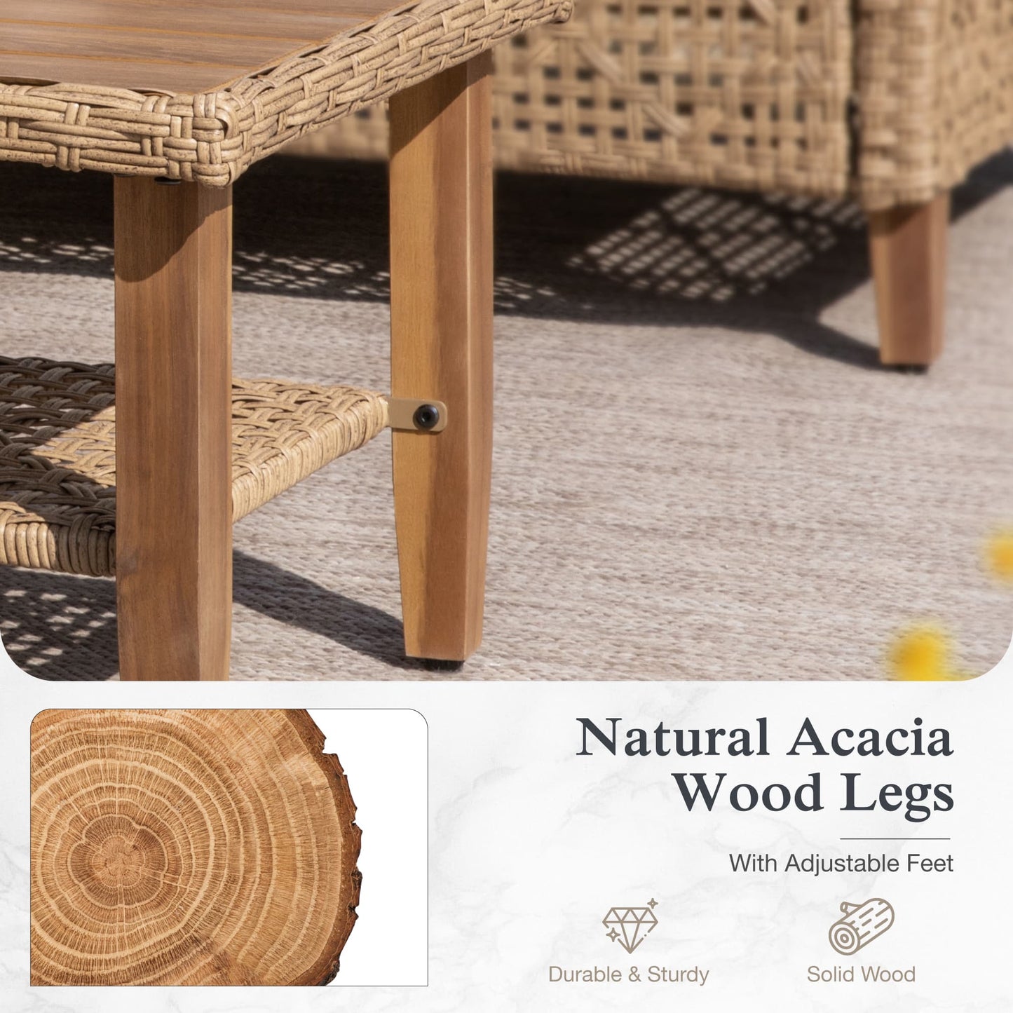 Alpha Joy Wicker Patio Furniture Conversation Set Boho Style Outdoor Sofa with Coffee Table and Navy Blue Cuchions