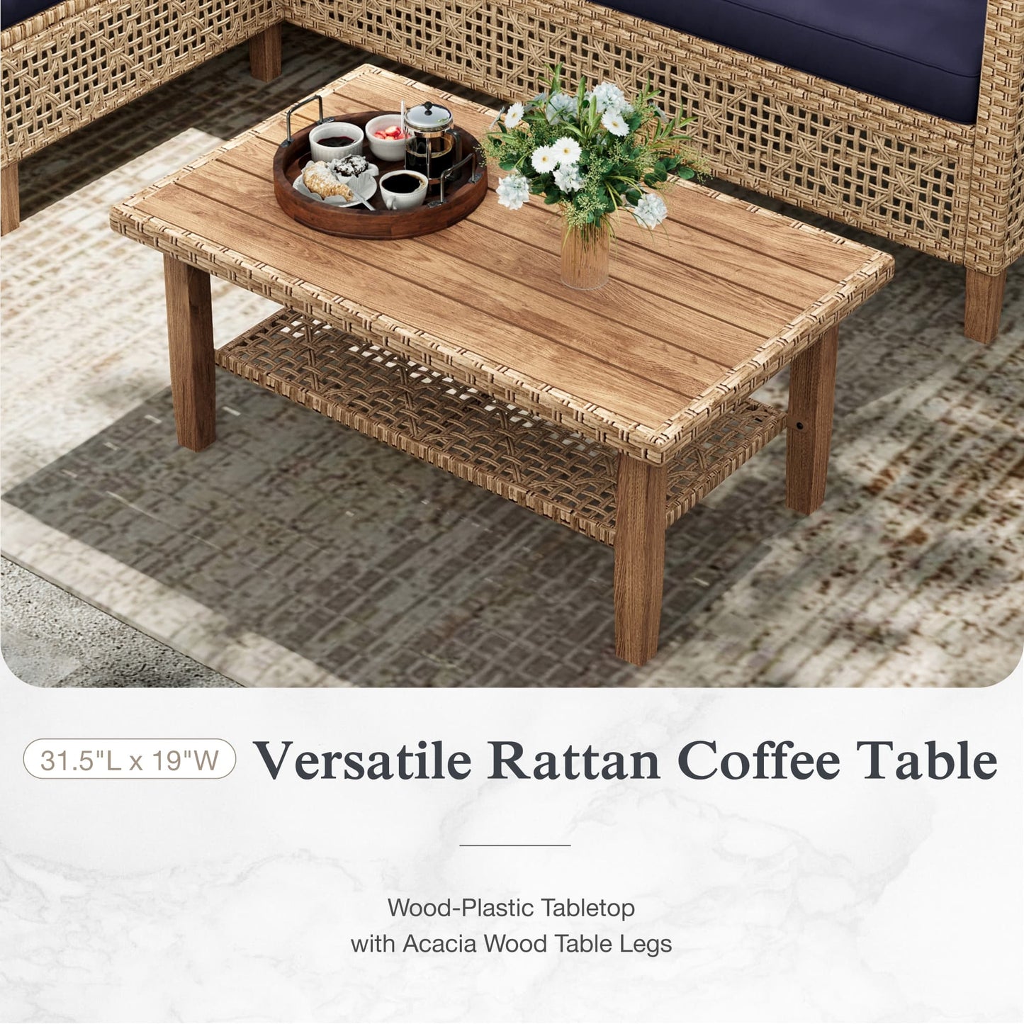 Alpha Joy Wicker Patio Furniture Conversation Set Boho Style Outdoor Sofa with Coffee Table and Navy Blue Cuchions