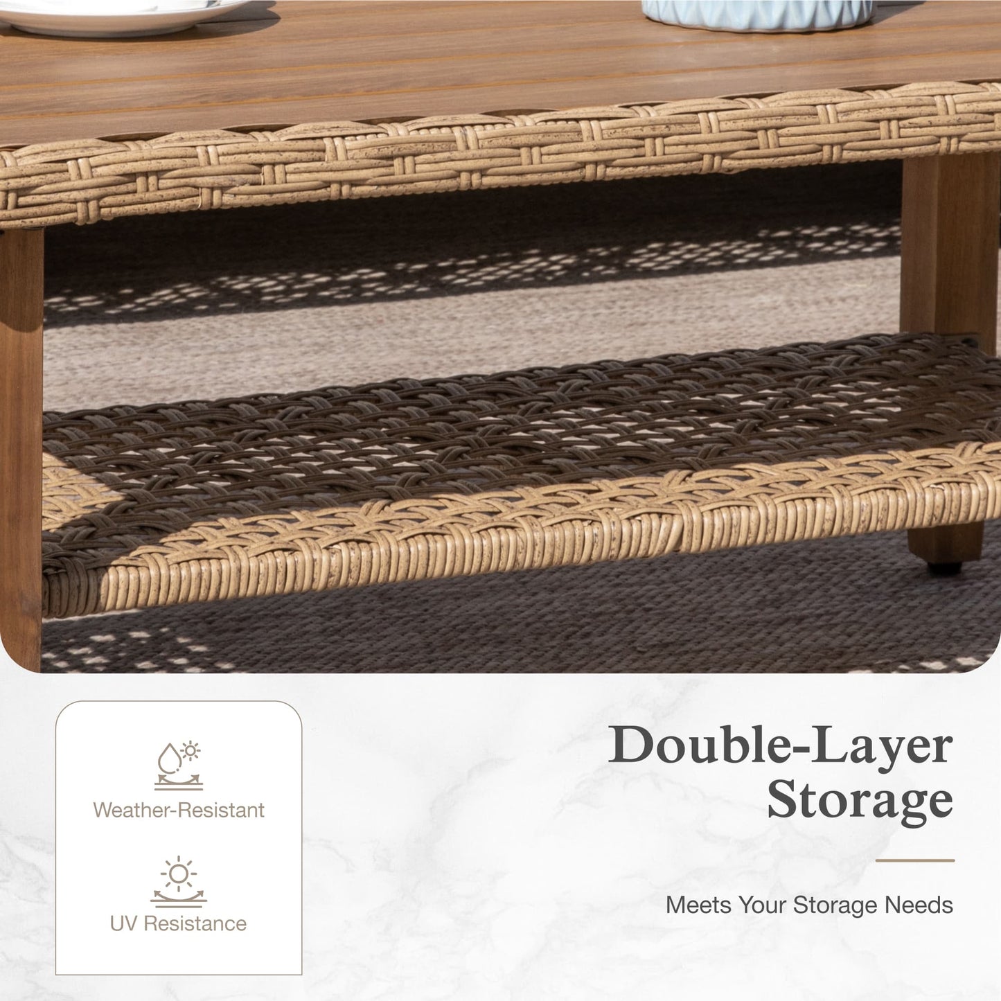 Alpha Joy Wicker Patio Furniture Conversation Set Boho Style Outdoor Sofa with Coffee Table and Navy Blue Cuchions