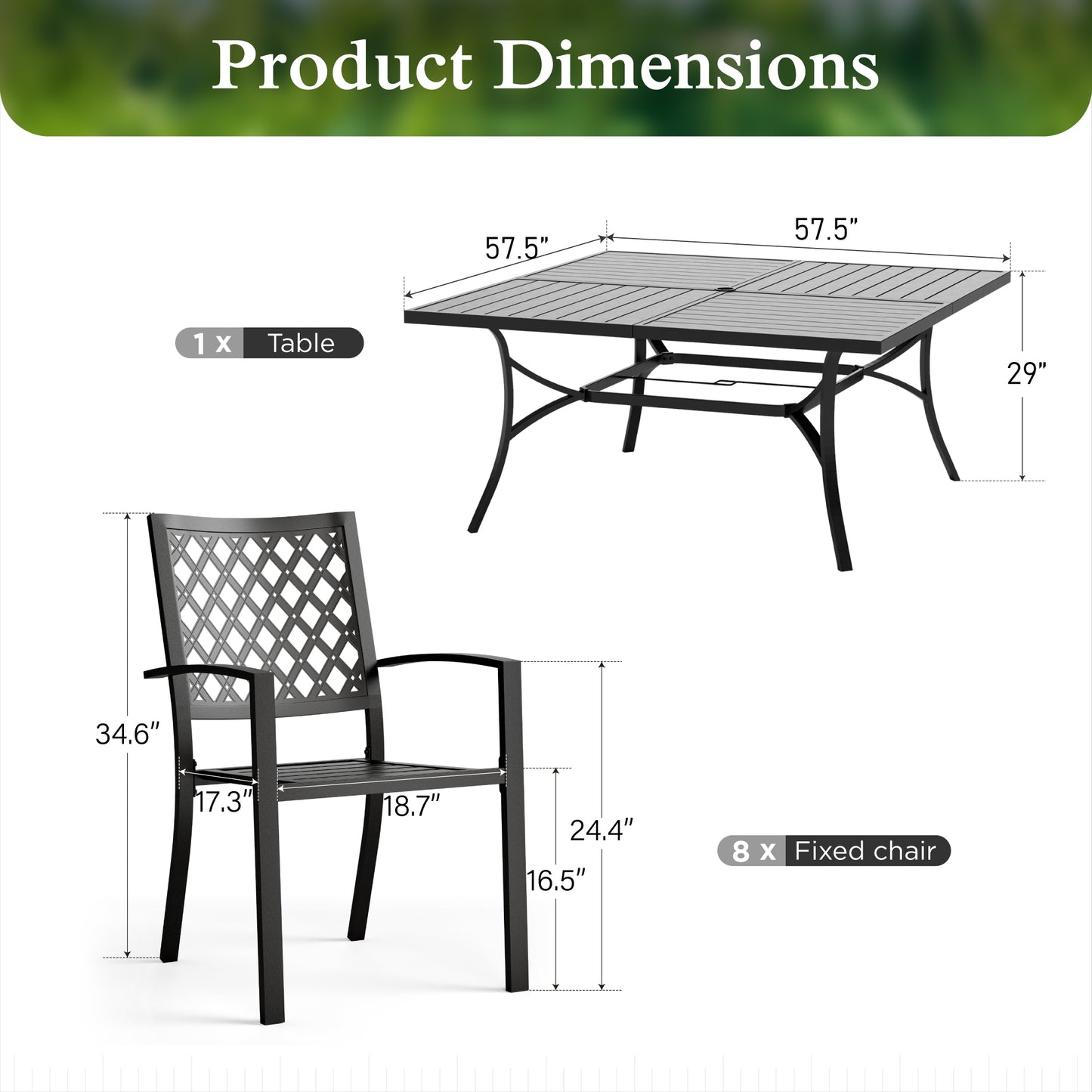 Sophia & William 9 Piece Outdoor Patio Dining Set 57.5inch Square Metal Table and Stackable Chairs Furniture Set for 8, Black
