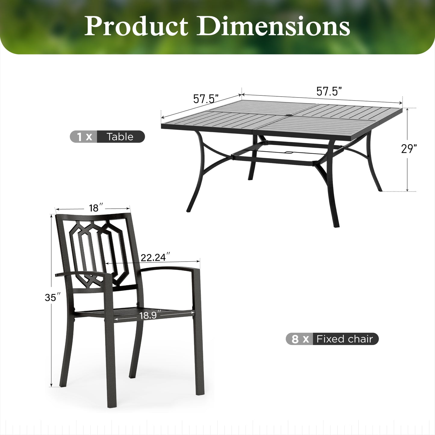 Sophia & William 9 Piece Outdoor Metal Patio Dining Set 57.5inch Square Table and Stackable Chairs Furniture Set for 8, Black