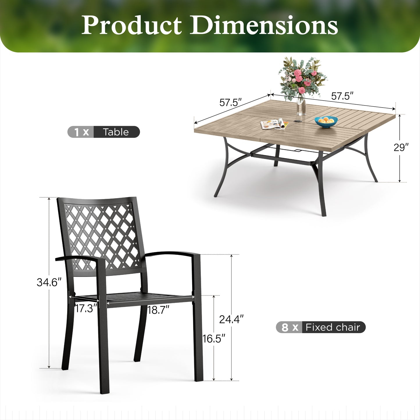 Sophia & William 9 Piece Outdoor Metal Patio Dining Set 57.5inch Wooden-like Square Table and Stackable Chairs Furniture Set for 8