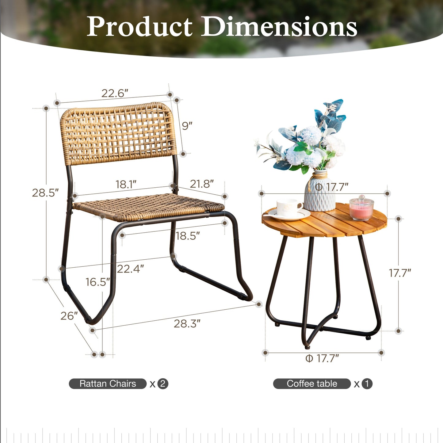 Sophia & William 3-Piece Wicker Outdoor Bistro Set Patio Furniture Set with Steel Frame and Coffee Table, Brown