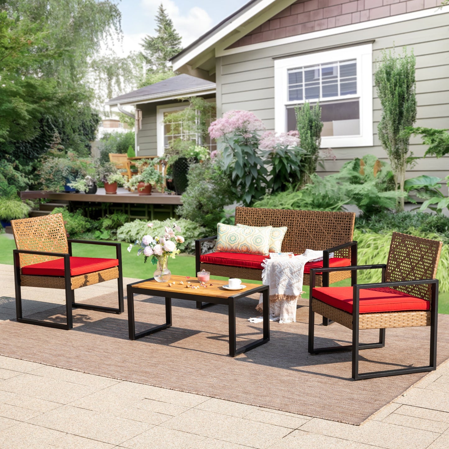 Alpha Joy 4 Piece Wicker Outdoor Patio Conversation Set, Brown & Red