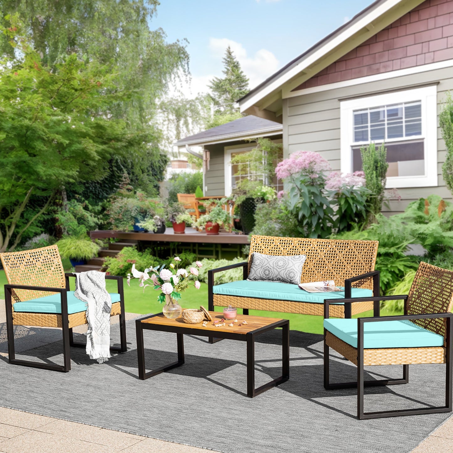 Alpha Joy 4 Piece Wicker Outdoor Patio Conversation Set, Yellow & Mint