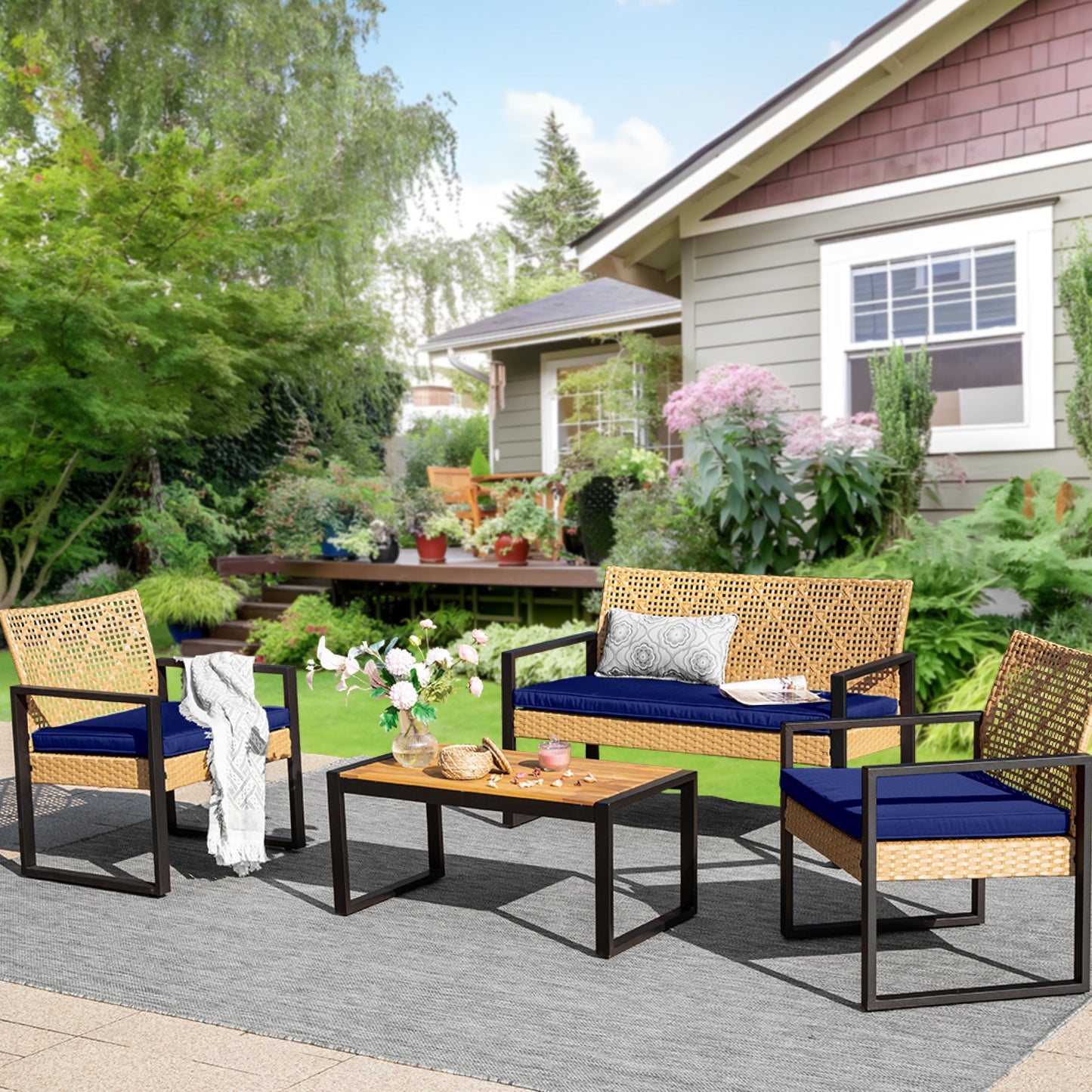 Alpha Joy 4 Piece Wicker Outdoor Patio Conversation Set, Yellow & Navy Blue
