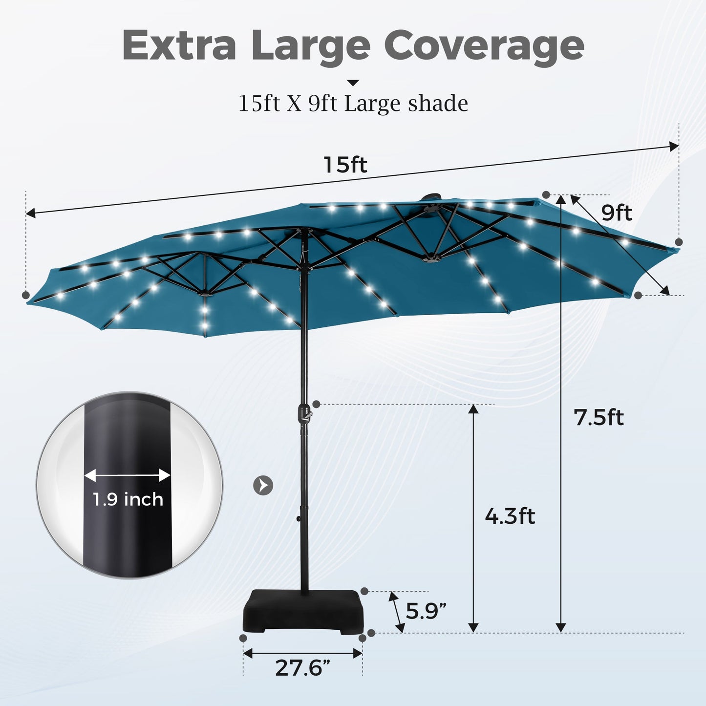 Alpha Joy 15ft Extra Large Outdoor Patio Double-Sided Umbrella with Solar Lights & Umbrella Base, Cerulean