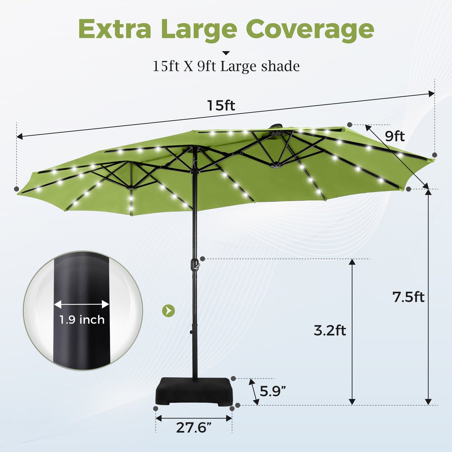 Alpha Joy 15ft Extra Large Outdoor Patio Double-Sided Umbrella with Solar Lights & Umbrella Base, Lime Green