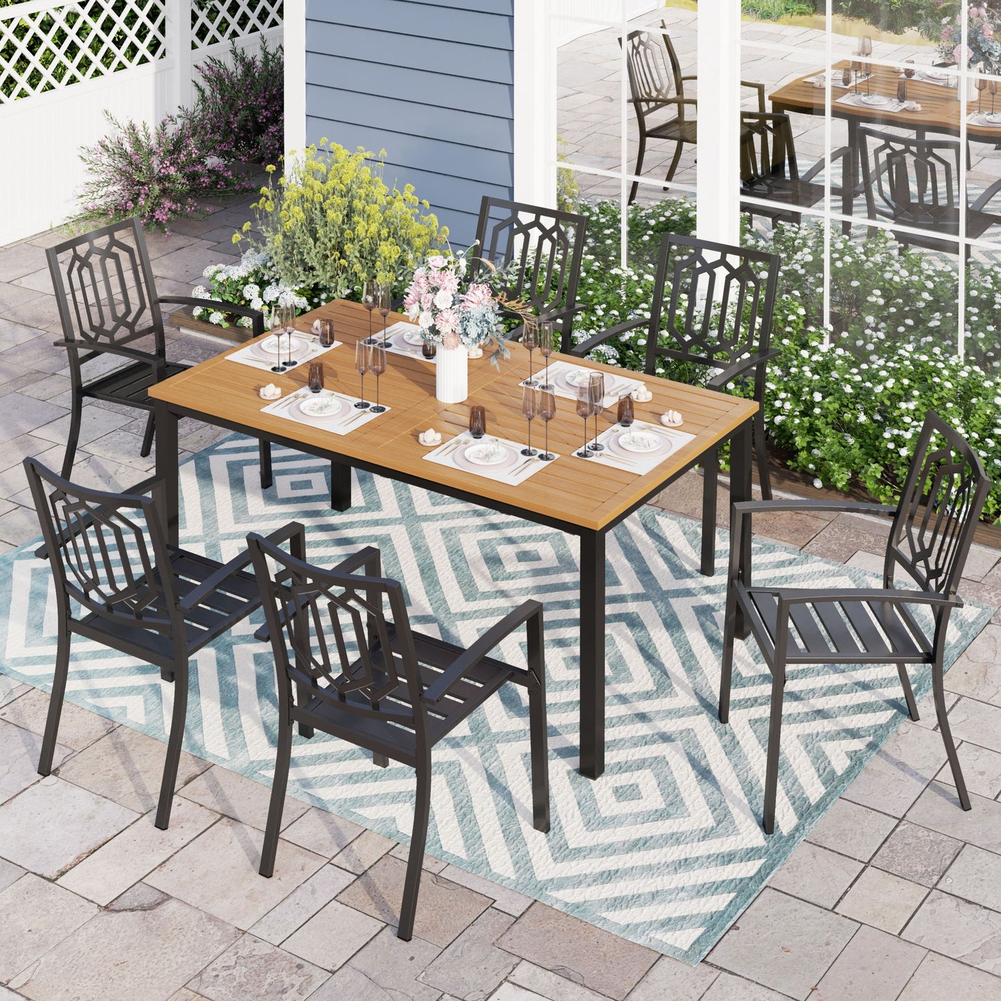Sophia & William 7-Piece Outdoor Patio Dining Set Pattern Metal Chairs and Teak-grain Table Set