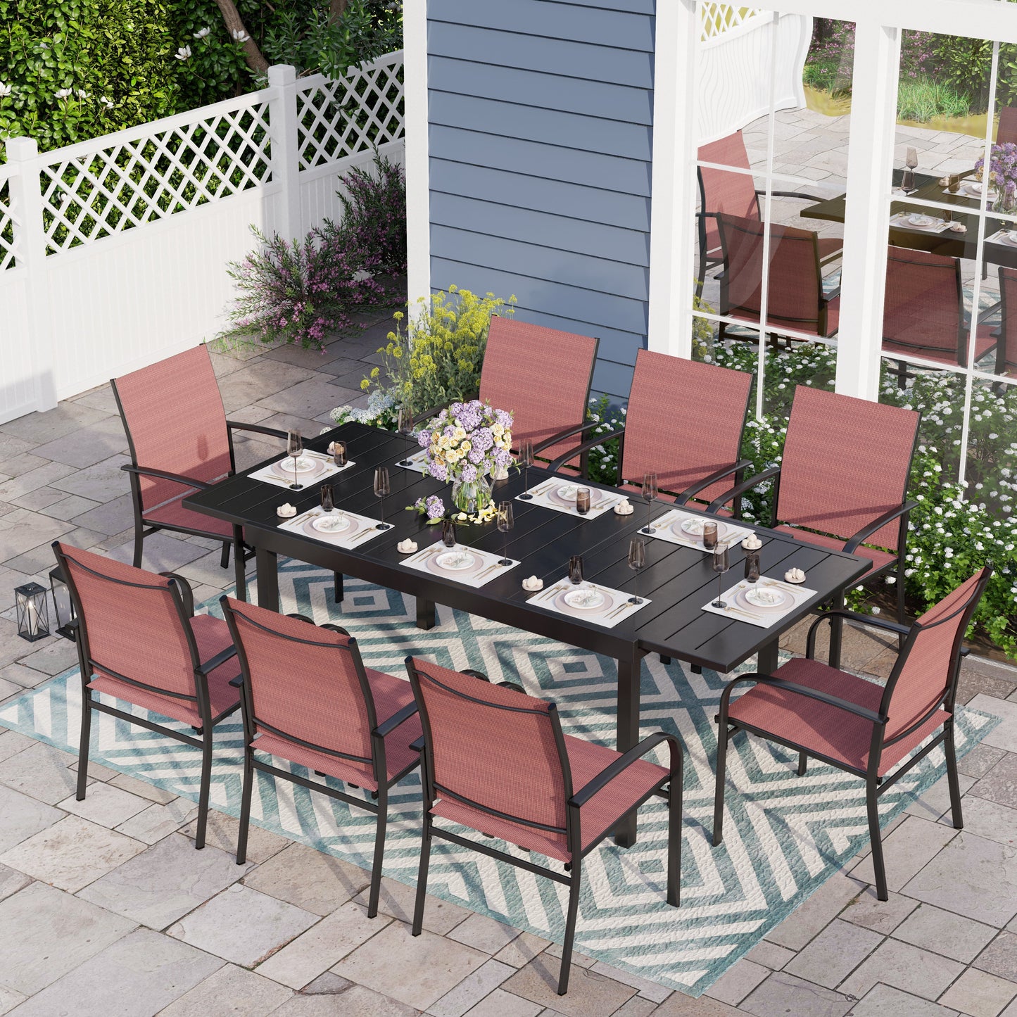 Sophia & William 9 Piece Patio Metal Dining Set Expandable Patio Dining Table and 8 Red Textilene Chairs