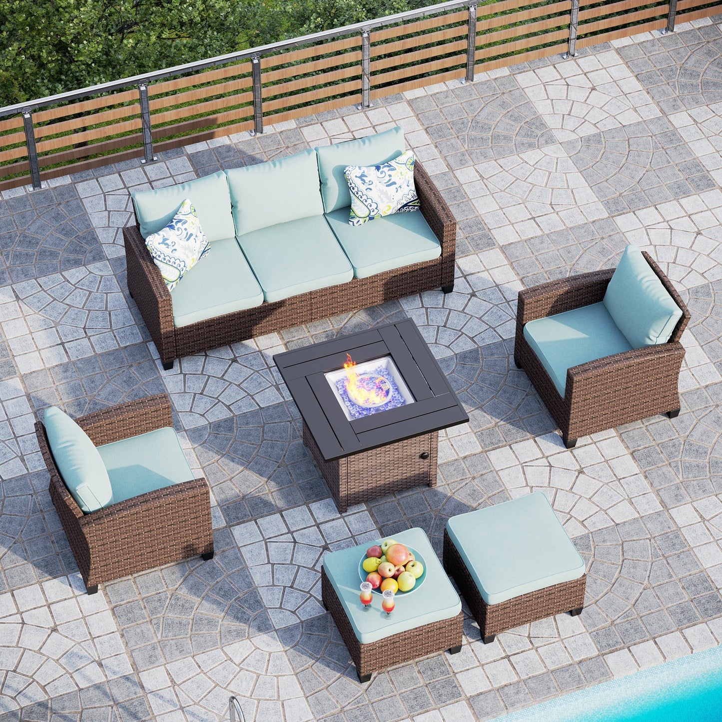 Sophia & William 7-seat Rattan Patio Converation Set with CSA Approved Fire Pit Table