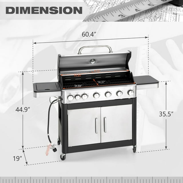 Sophia & William 6-Burner Propane Gas BBQ Grill with Side Burner & Porcelain-Enameled Cast Iron Grates, 65,800BTU Stainless Steel Outdoor Cooking Barbecue Grill, 665 SQ.IN. Cooking Area, Silver