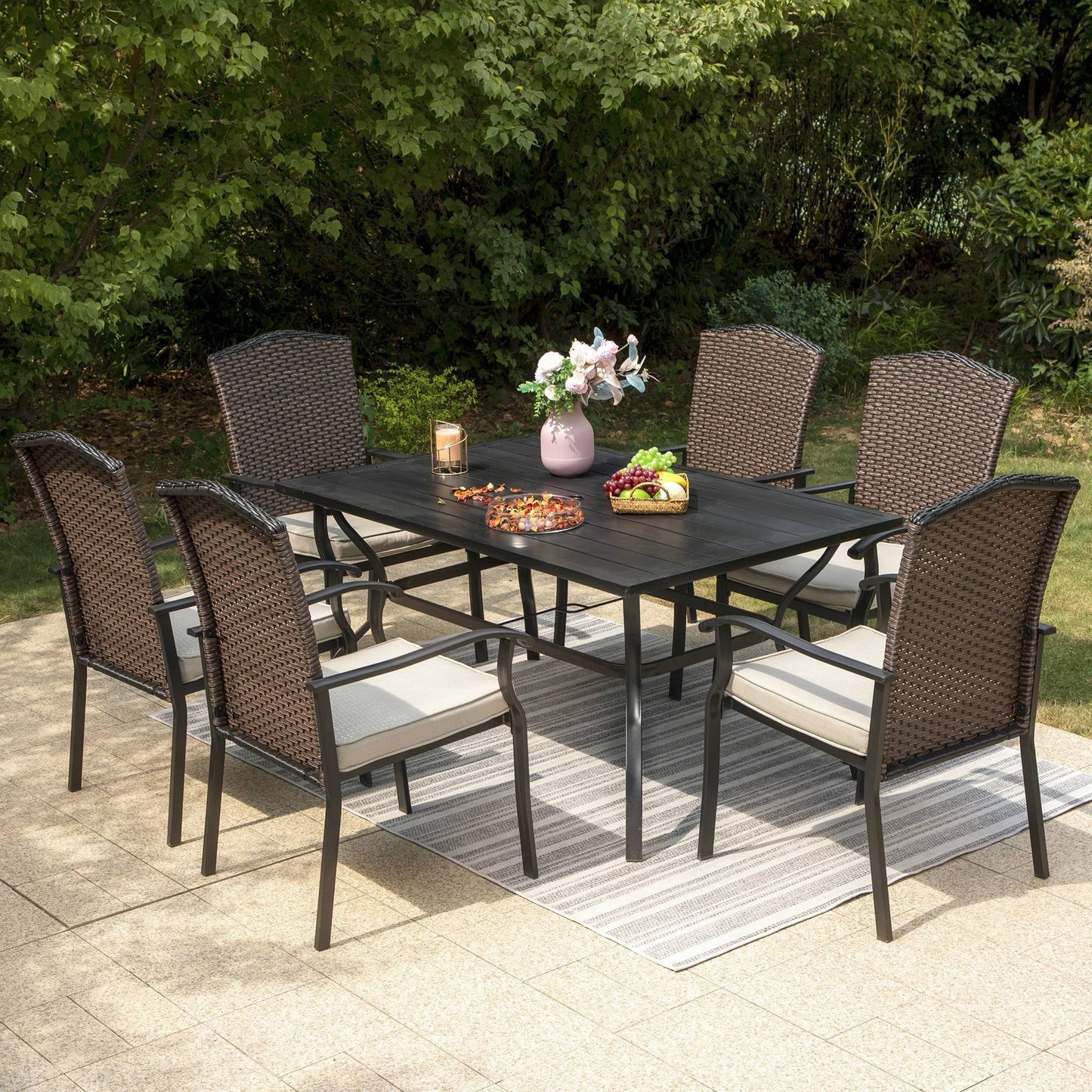 Sophia & William 7 Pieces Patio Dining Set Wicker Chairs & Umbrella Table