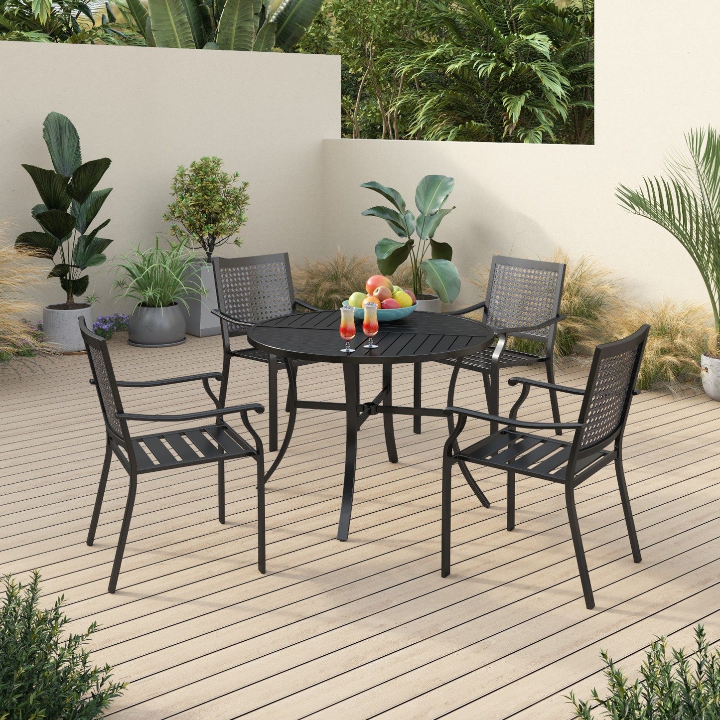 Sophia&William 5 Pieces Patio Dining Set Metal Stackable Chairs and Table,Black