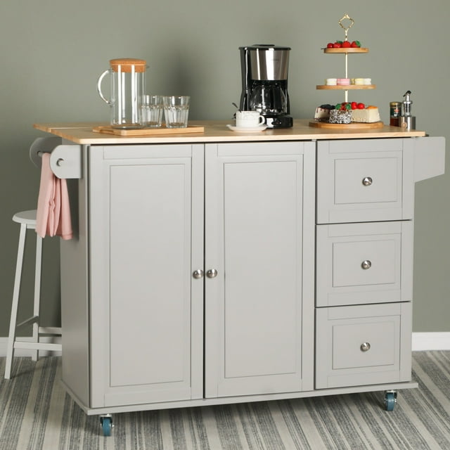 Sophia & William 44" Kitchen Island Carts on Wheels with Storage Cabinet,3 Drawers, Towel and Spice Rack-Gray