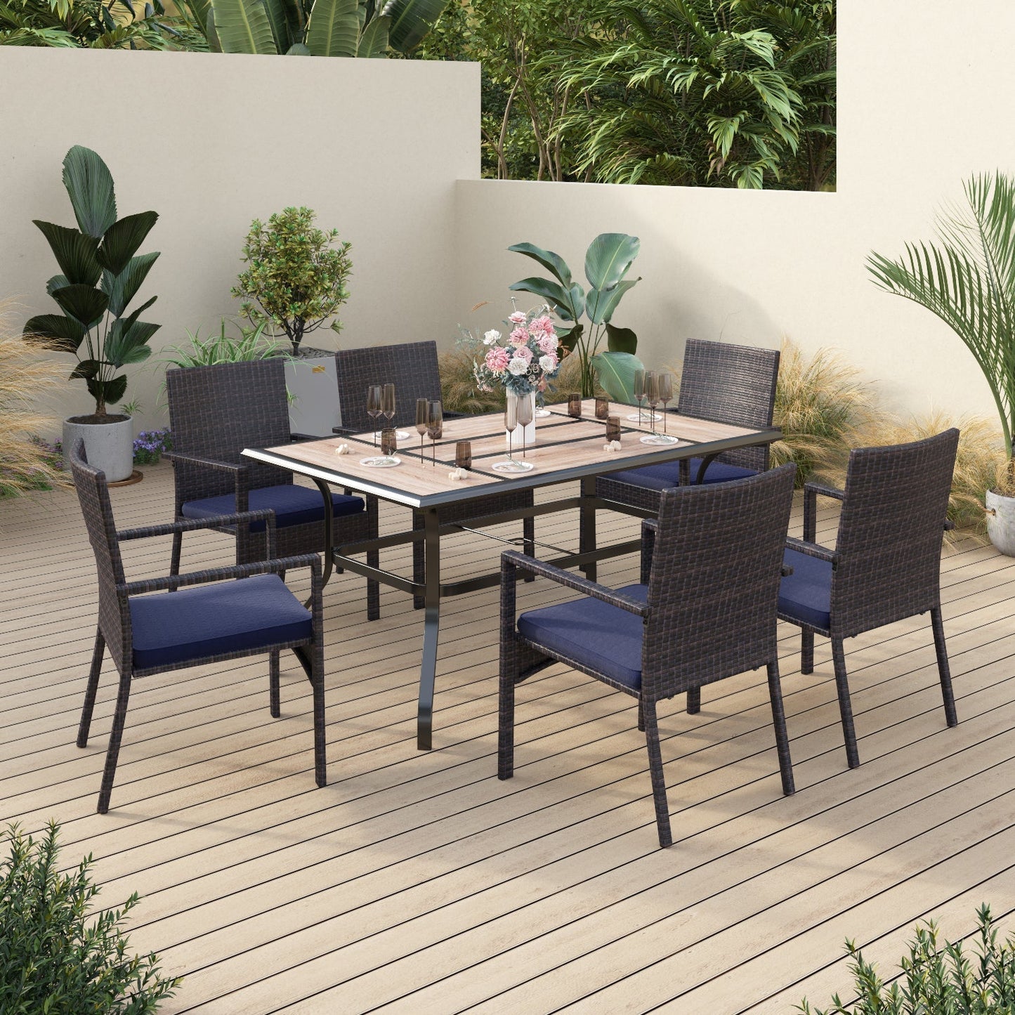 Sophia&William 7-Piece Outdoor Patio Dining Set Wicker Rattan Chairs and Steel Table