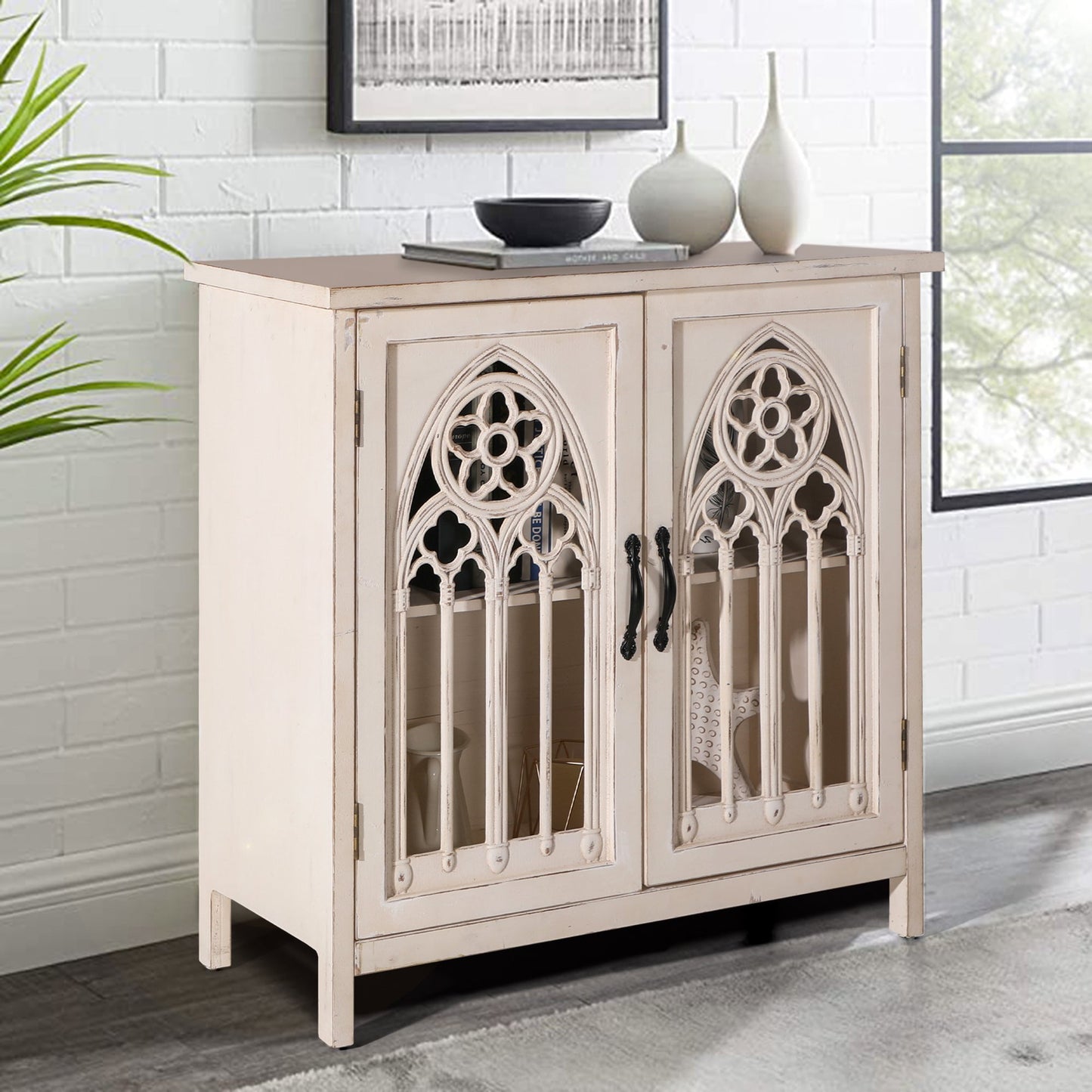 Alpha Joy 2-Door Accent Cabinet, Retro Storage Cabinet with Hollow-Carved Church Window Door for Entryway, Living Room, White