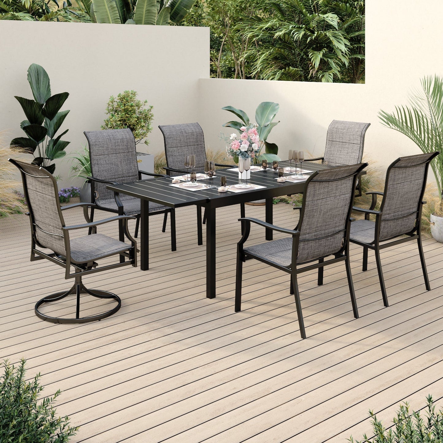 Sophia & William 7 Piece Patio Dining Set 1 Piece Metal Rectangle Table & 6 Pieces Textilene Patio Chairs