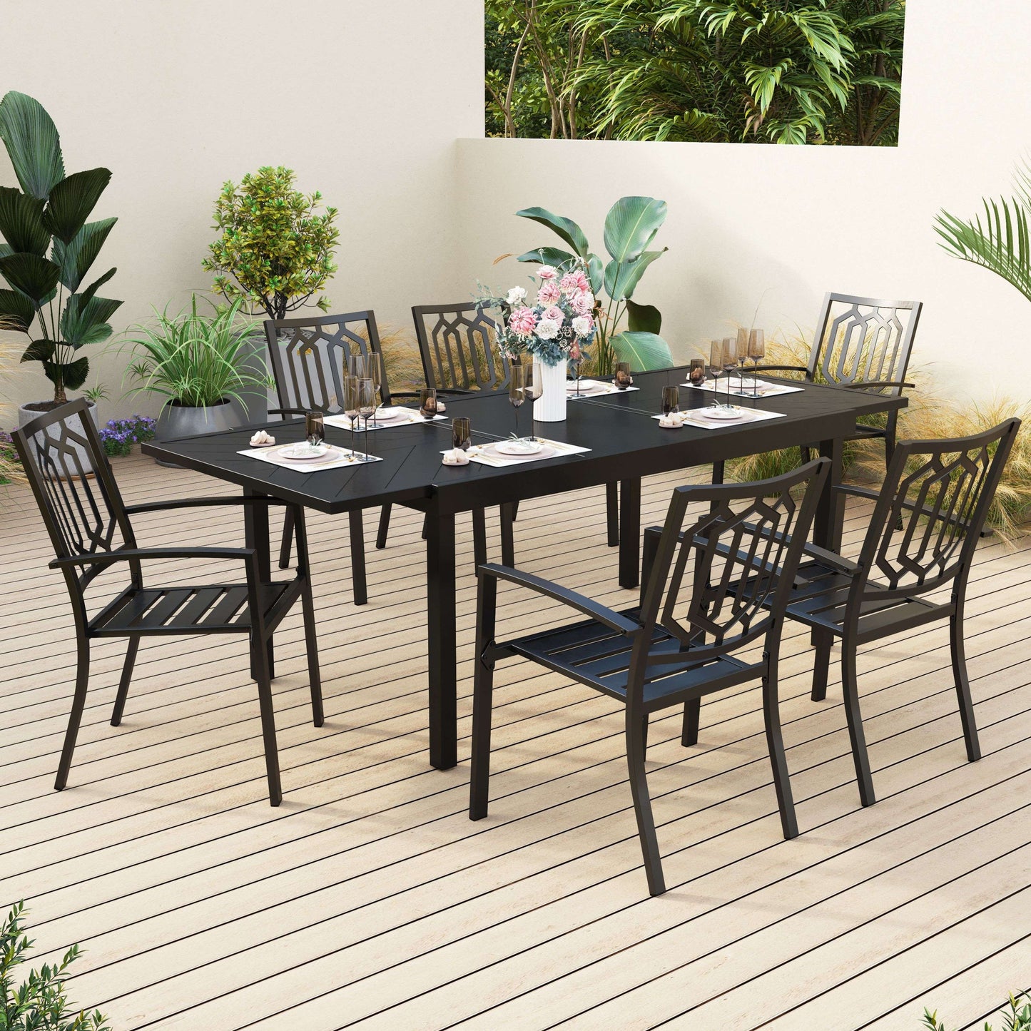 Sophia & William 7 Pieces Metal Outdoor Patio Dining Set with Extendable Table - Black
