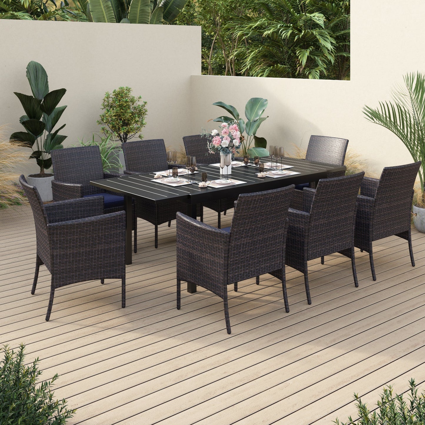 Sophia & William 9 Piece Outdoor Patio Dining Set Outdoor Furniture Set with 8 Rattan Dining Chairs and 1 Metal Expandable Dining Table