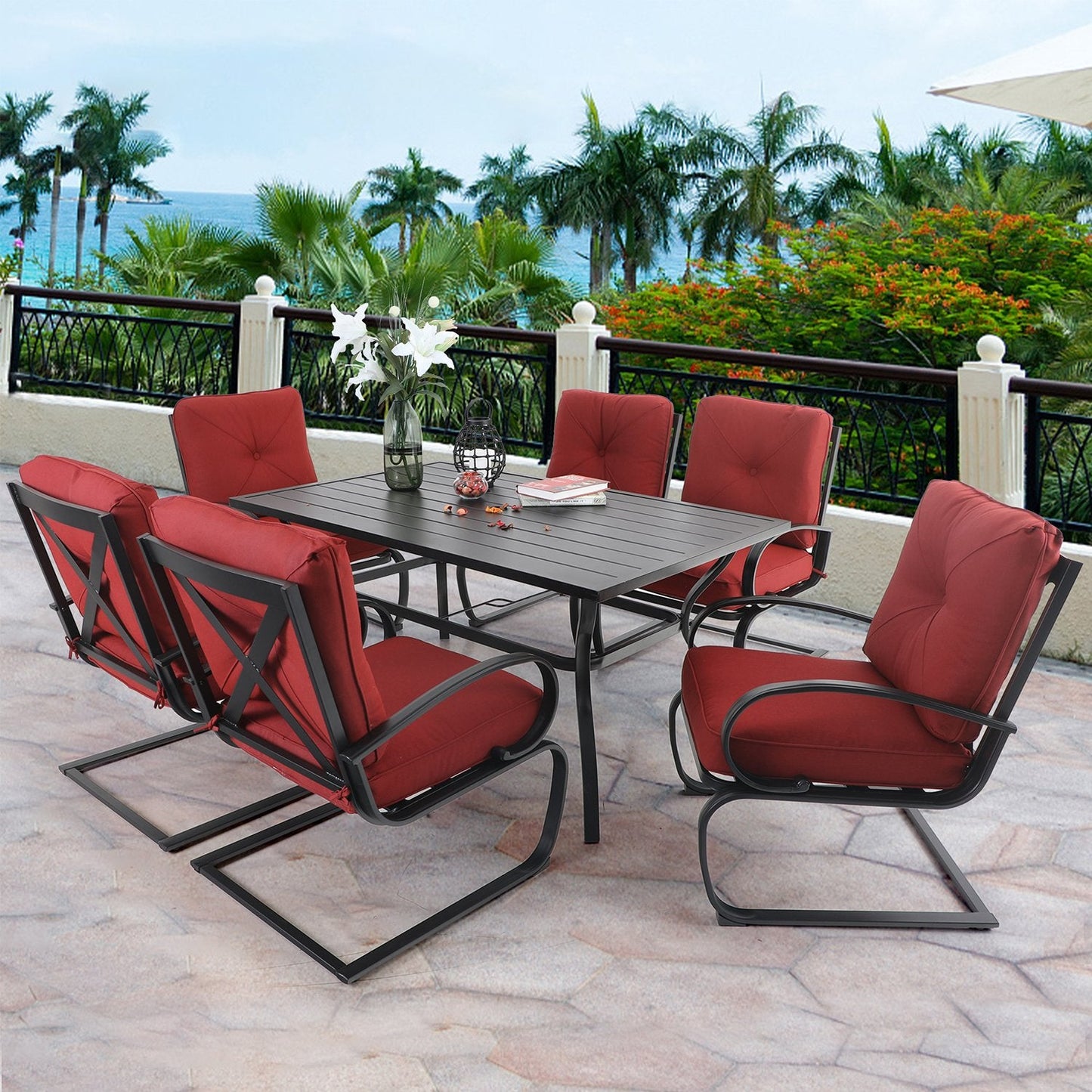 Sophia&William 7-Piece Outdoor Patio Dining Set Steel Frame Conversation Set, Red