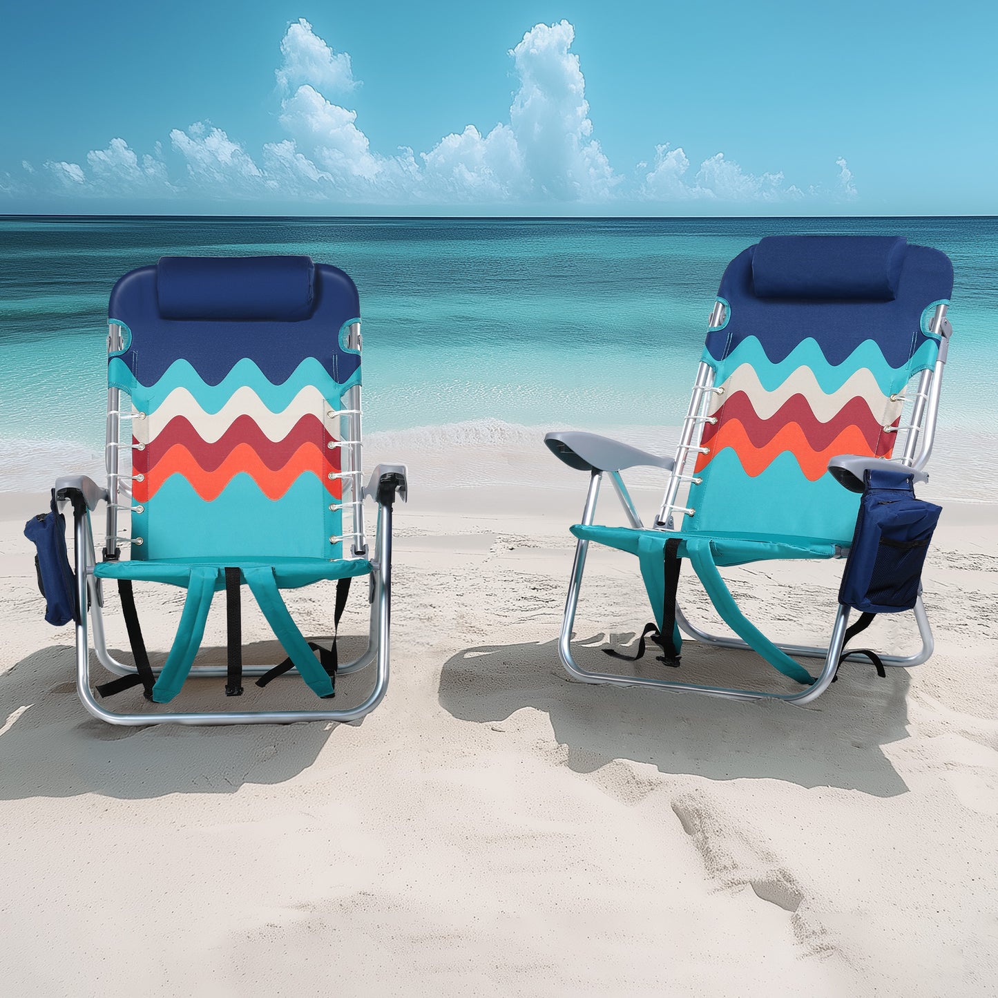 Alpha Joy Set of 2 Aluminum Portable Folding Beach Chairs Outdoor Lounge Chair with 4 Adjustable Positions & Cooler Bag, Wave Pattern, Blue