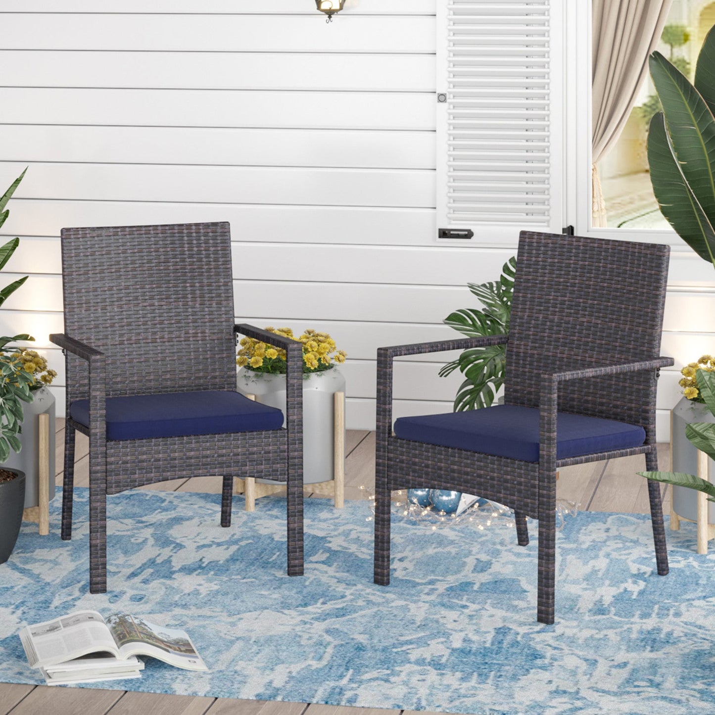 Sophia & William Patio Rattan Dining Chairs Set of 2 with Blue Cushions, Dark Brown