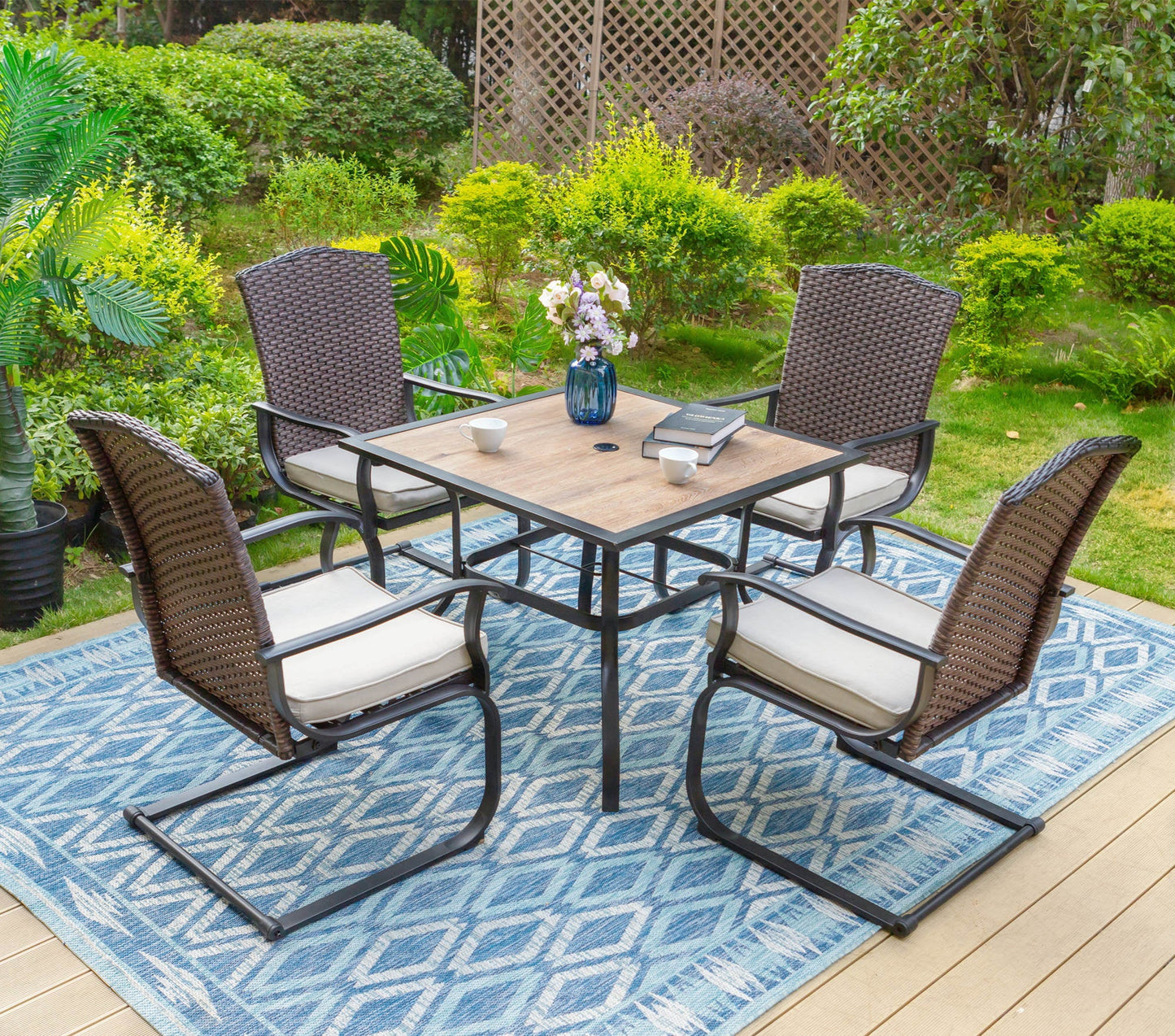 Sophia & William 5 Pieces Patio Dining Set Wicker Chairs & Umbrella Table