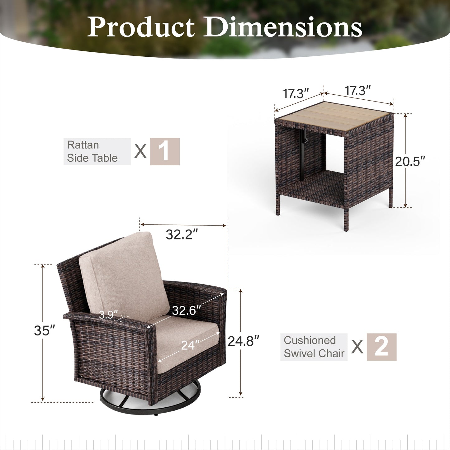 Sophia & William 3 Pieces Patio Chairs Set with Side Table Wicker Outdoor Bistro Set, Beige