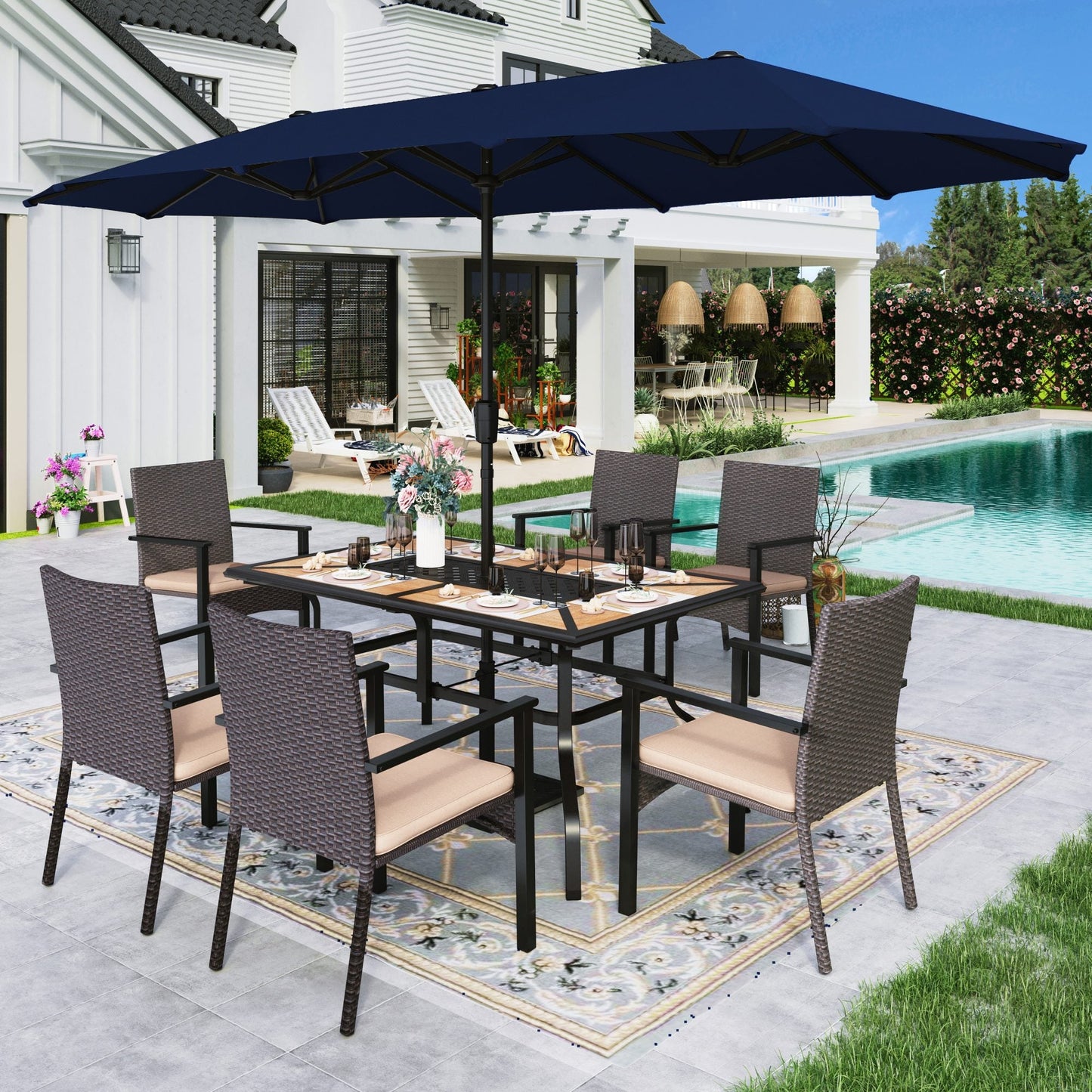 Alpha Joy 8-Piece Outdoor Patio Dining Set with 13 ft Navy Umbrella, Rattan Chairs & Wood-look Metal Table for 6