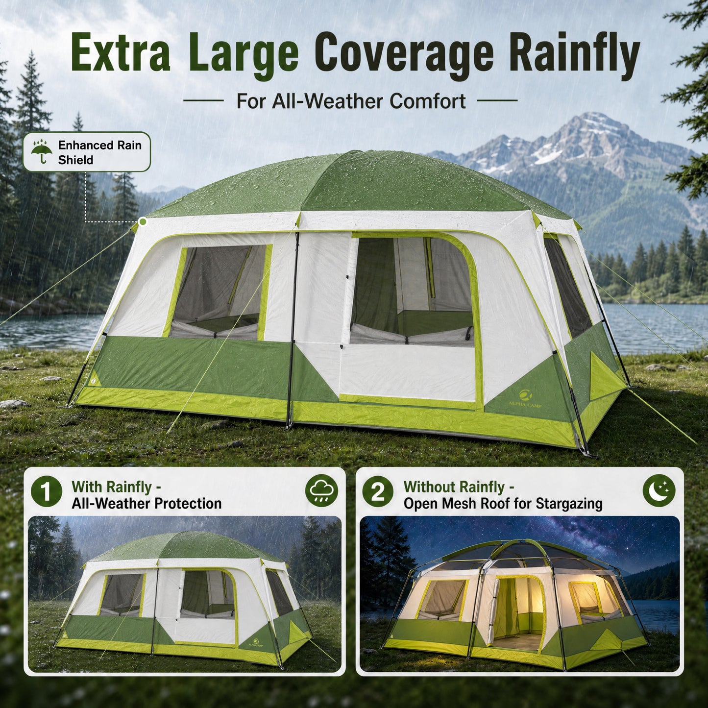 Sophia & William 10 Person Camping Tent 14x10FT All-Weather Large Family Cabin Tent with 2-Room Partition, Green