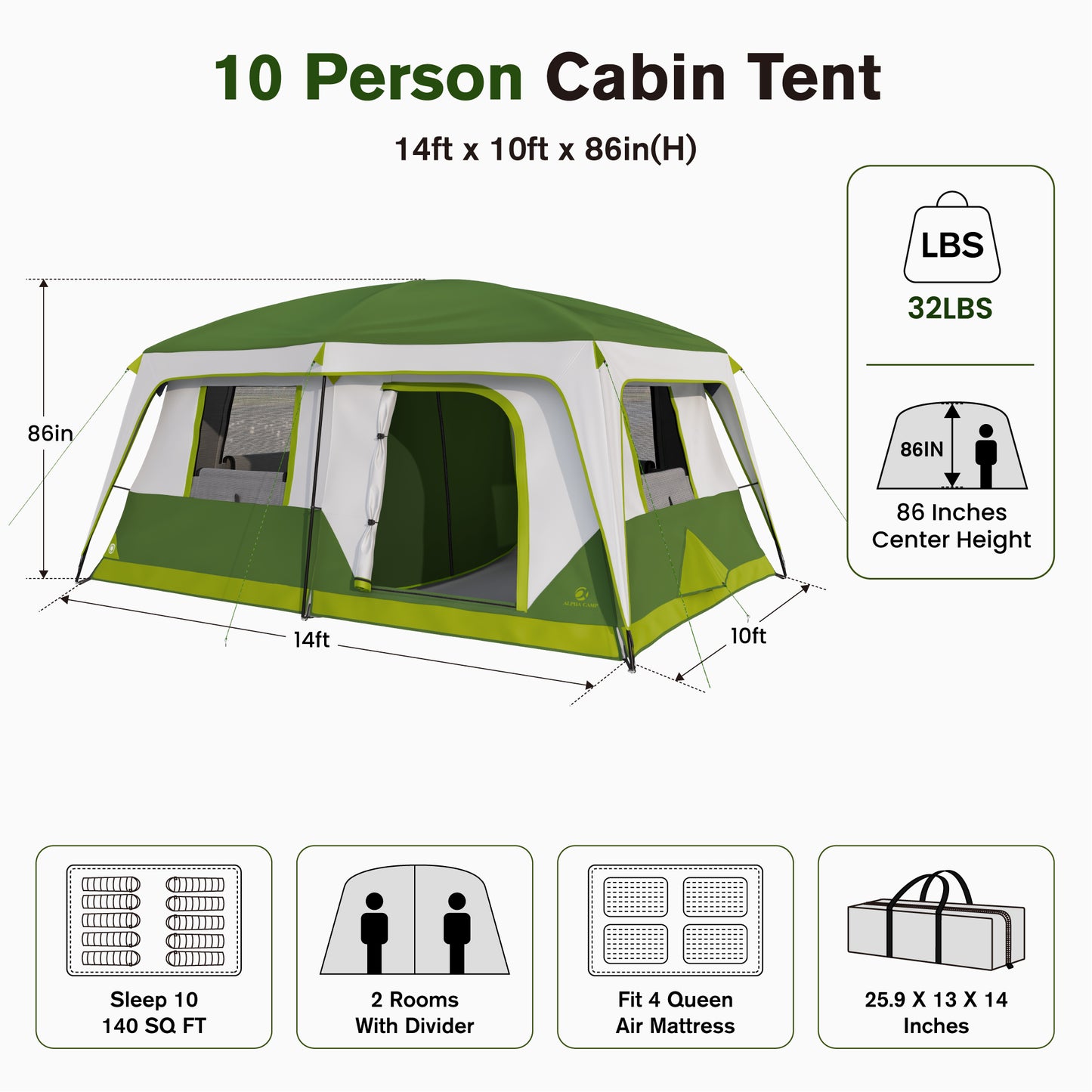 Sophia & William 10 Person Camping Tent 14x10FT All-Weather Large Family Cabin Tent with 2-Room Partition, Green