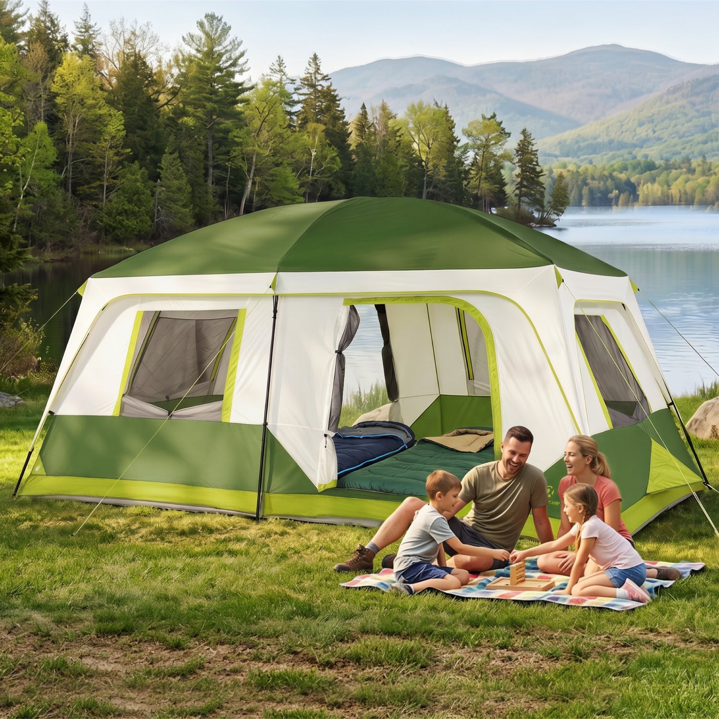 Sophia & William 10 Person Camping Tent 14x10FT All-Weather Large Family Cabin Tent with 2-Room Partition, Green