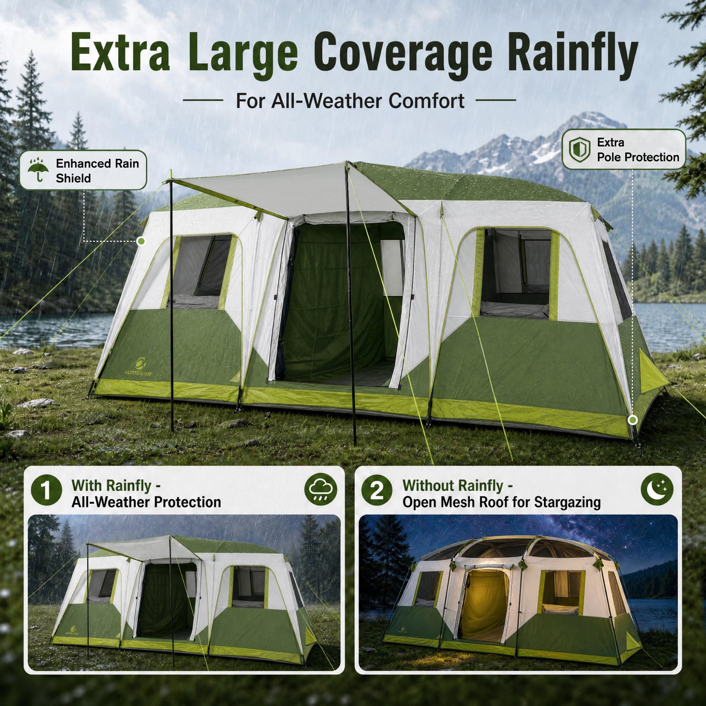 Sophia & William 12 Person Camping Tent 16x11FT All-Weather Large Family Cabin Tent with 3 Rooms and 6 Mesh Windows, Green