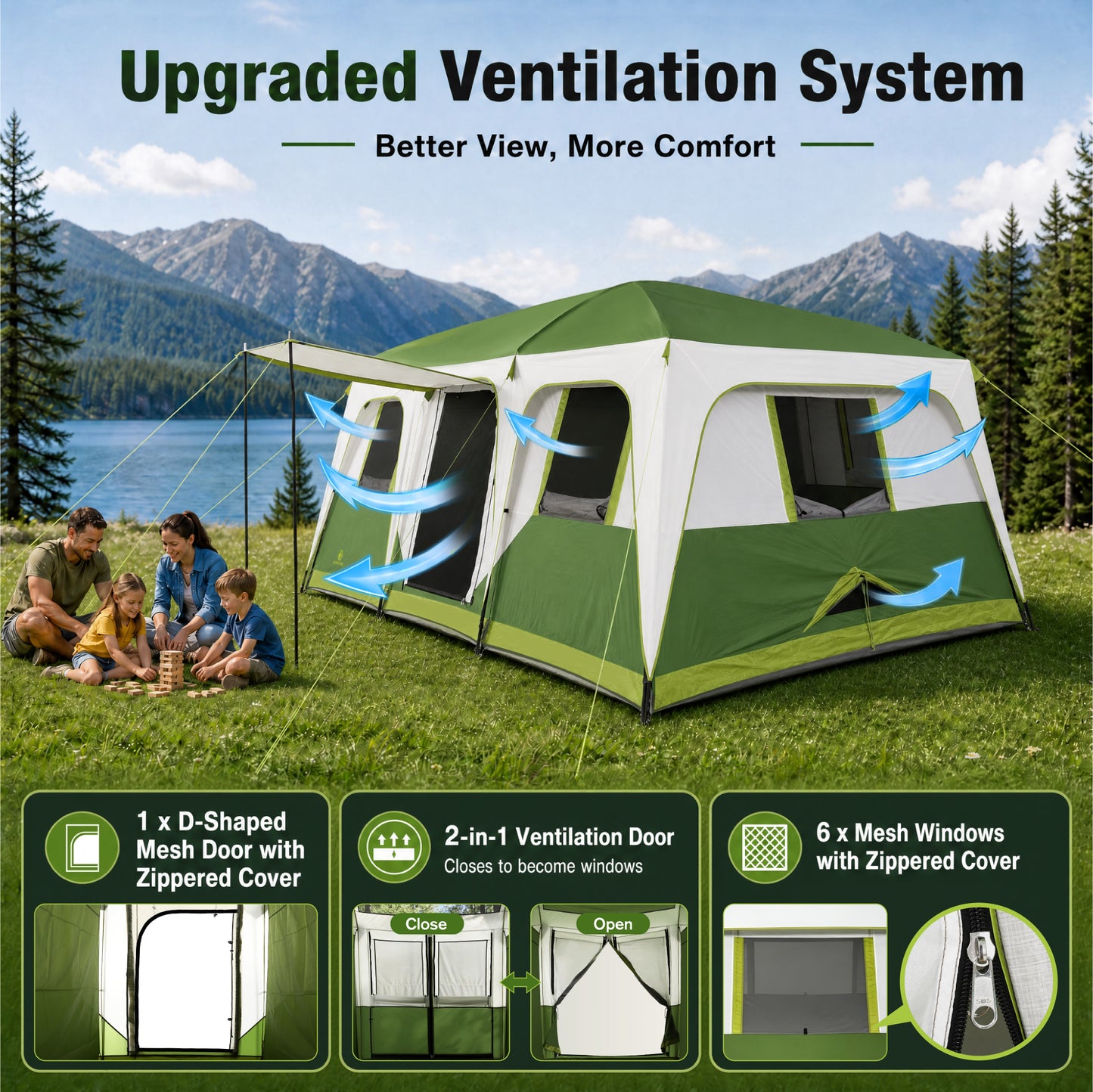 Sophia & William 12 Person Camping Tent 16x11FT All-Weather Large Family Cabin Tent with 3 Rooms and 6 Mesh Windows, Green