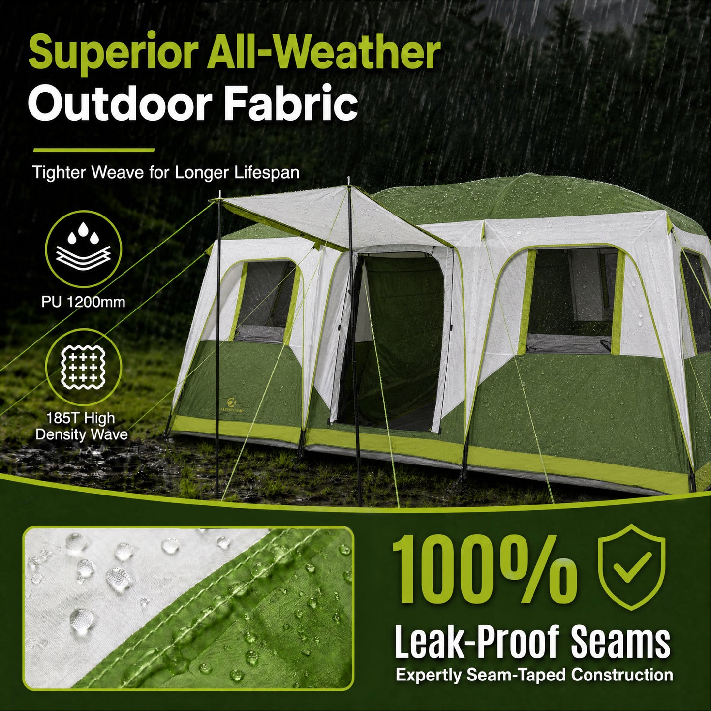 Sophia & William 12 Person Camping Tent 16x11FT All-Weather Large Family Cabin Tent with 3 Rooms and 6 Mesh Windows, Green