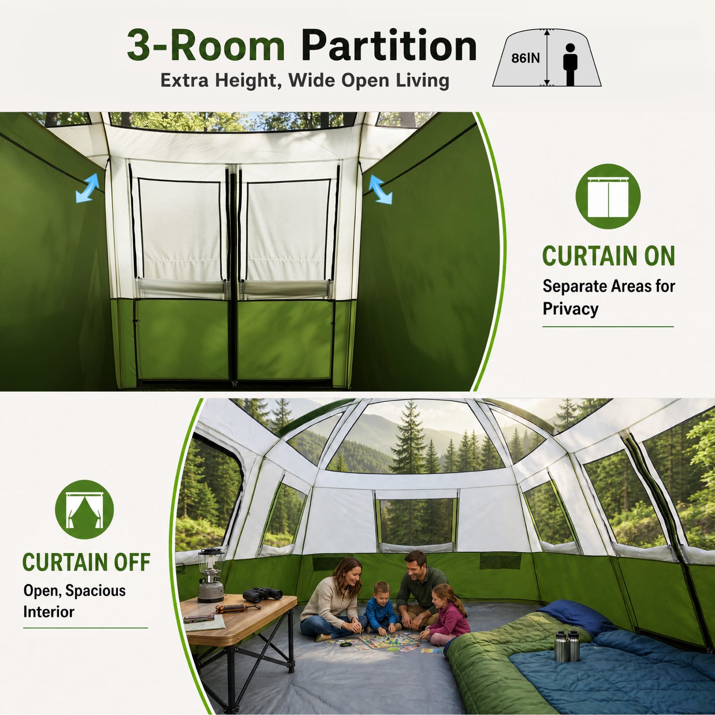 Sophia & William 12 Person Camping Tent 16x11FT All-Weather Large Family Cabin Tent with 3 Rooms and 6 Mesh Windows, Green