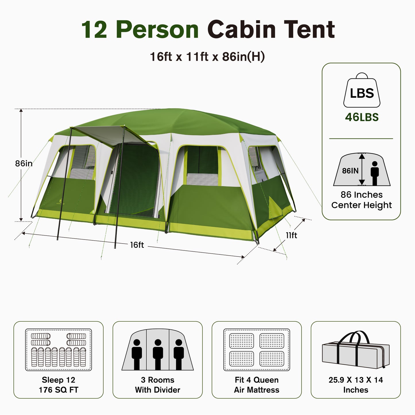 Sophia & William 12 Person Camping Tent 16x11FT All-Weather Large Family Cabin Tent with 3 Rooms and 6 Mesh Windows, Green
