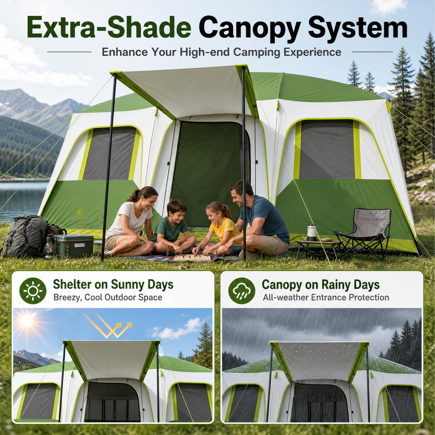 Sophia & William 12 Person Camping Tent 16x11FT All-Weather Large Family Cabin Tent with 3 Rooms and 6 Mesh Windows, Green